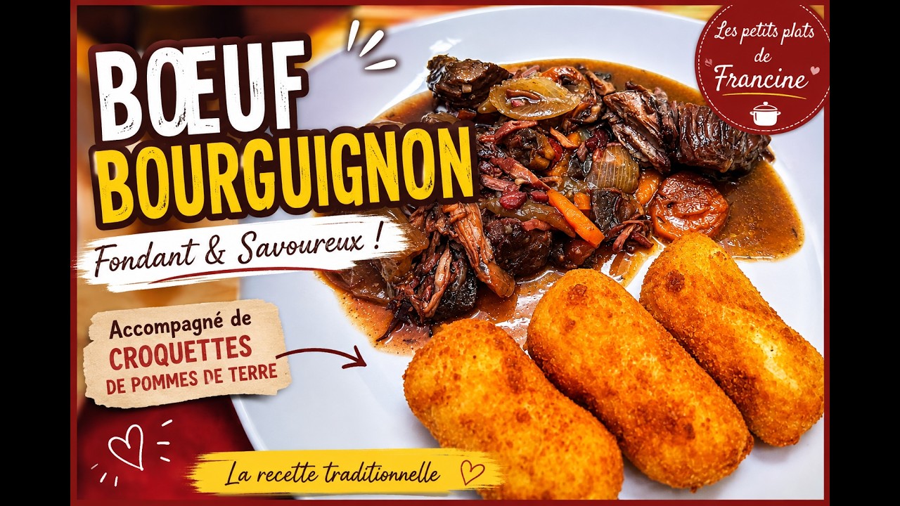 Bœuf Bourguignon Fondant 😋 La Recette Familiale Incontournable avec Croquettes de Pommes de Terre !