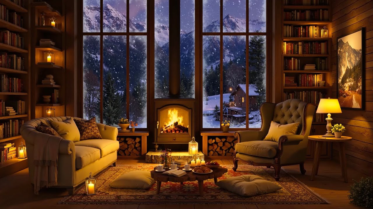 Relaxing Winter Night Jazz in Cozy Room Ambience ❄️ Snowfall & Fireplace Sounds for Reading, Study
