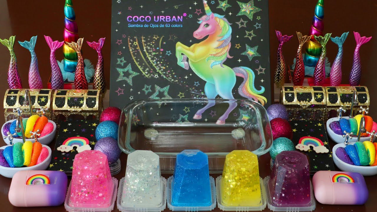 Mixing”Unicorn” Eyeshadow and Makeup,parts,glitter Into Slime!Satisfying Slime Video!★ASMR★