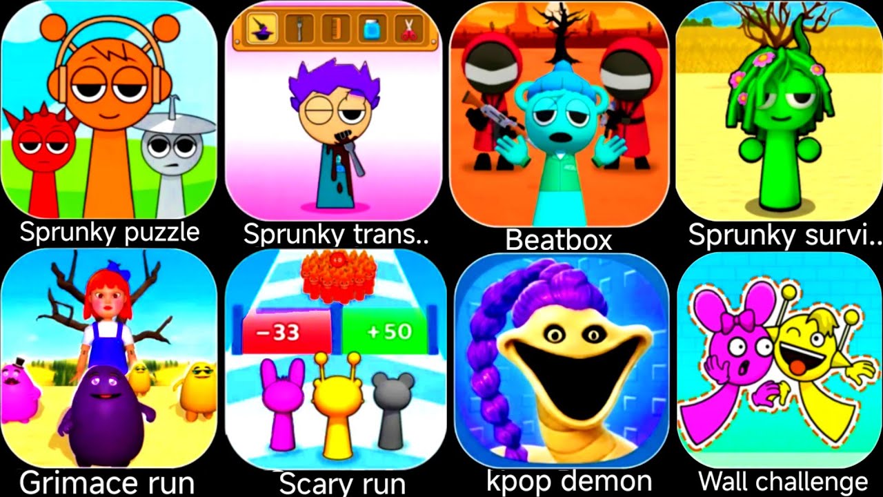 Sprunky puzzle,Sprunky transformer,Beatbox survival,Wall challenge,Scary run,Grimace run.