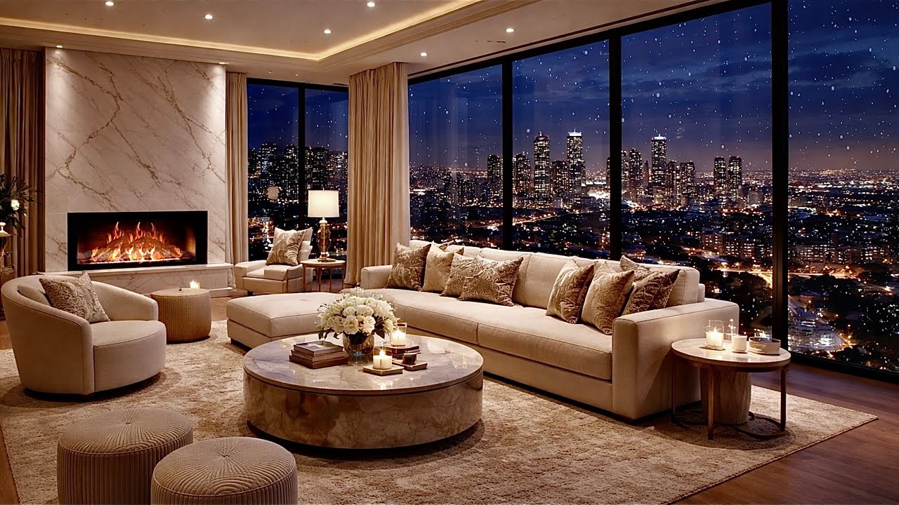 Snowy Night | Elegant Cozy Apartment | Smooth Jazz Piano & Fireplace Ambient Sounds