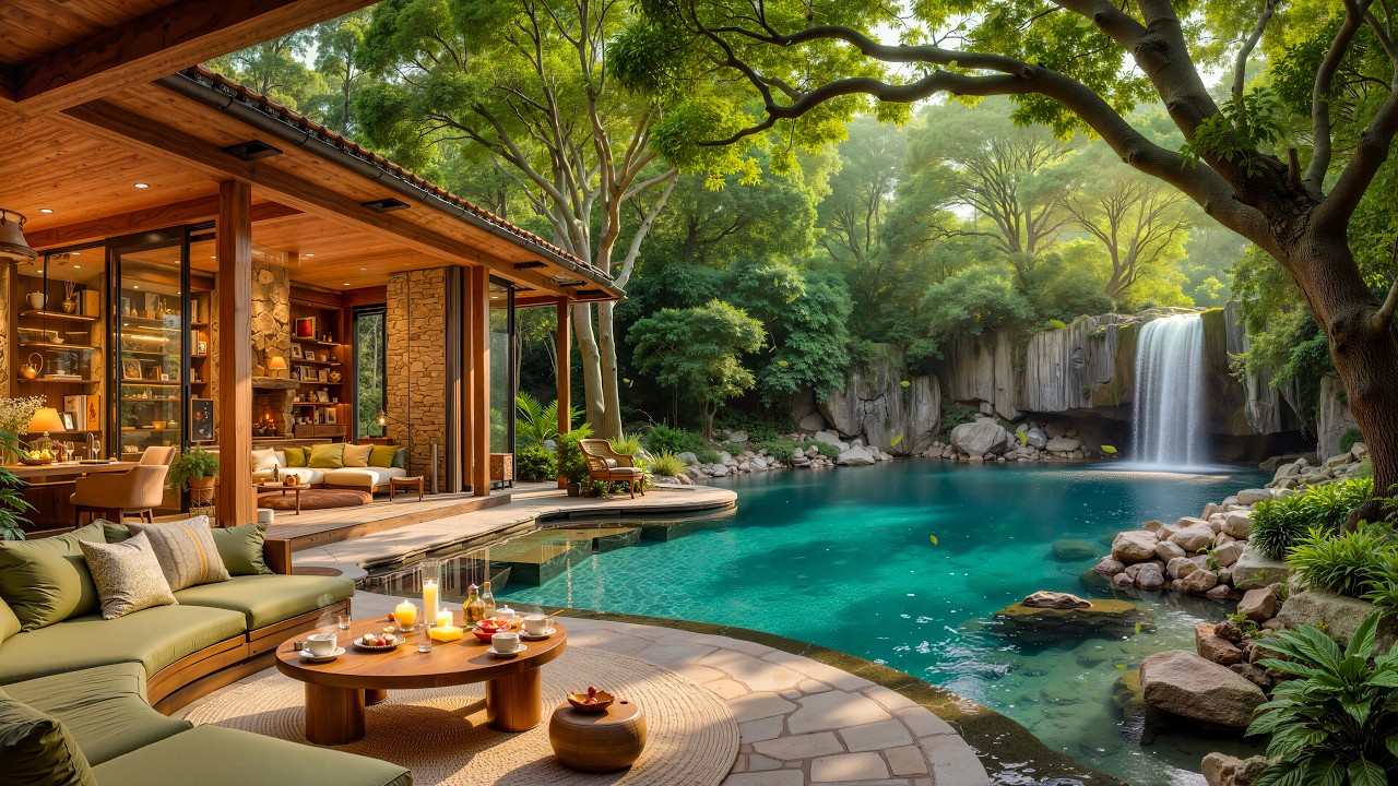 Waterfall Forest Jazz 🌿 Cozy Cabin Ambience with Nature Sounds for ...