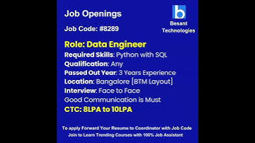 Data Engineer Job Openings|Join & Get Placements|Besant Technologies #job #shorts #ytshorts #python