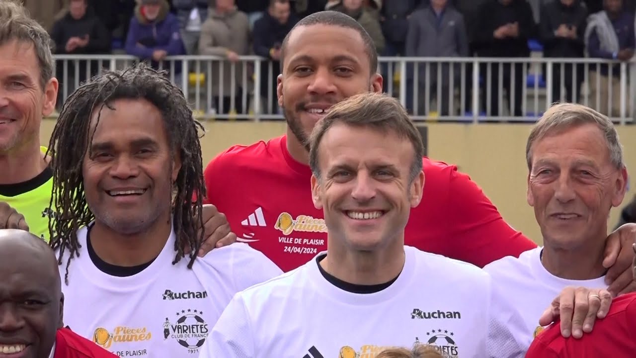 French President Emmanuel Macron scores penalty in star-studded charity football match