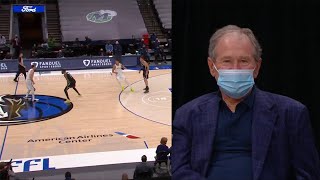Luka Doncic hits a half court shot after the whistle while former US President watching live.