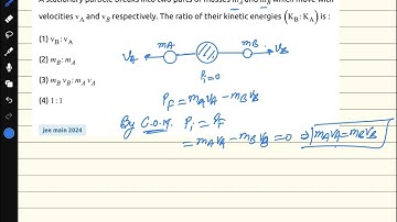 A stationary particle breaks into two parts of masses Ma and Mb which move with velocity Va and Vb 