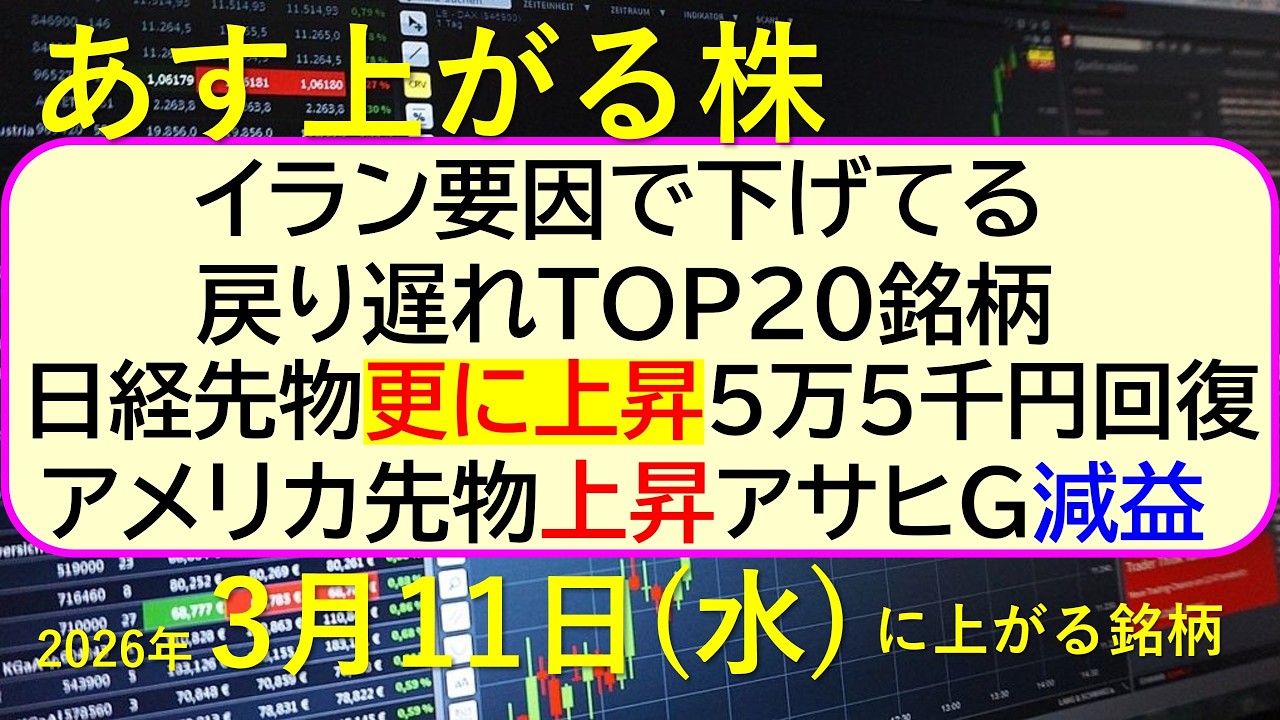 イラン要因の戻り遅れ２０銘柄。日経先物更に上昇５万５千円回復。アメリカ先物上昇。アサヒG減益。～あす上がる株　2026年３月１０日（火）に上がる銘柄。最新の日本株情報。高配当株の株価やデイトレ情報