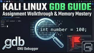 GNU Debugger (GDB) inside a Kali Linux environment running on UTM.