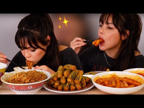 eating-assorted-korean-foods-(galbi-noodles-+-spicy-seaweed-roll-+-tteokbokki)-먹방-mukbang
