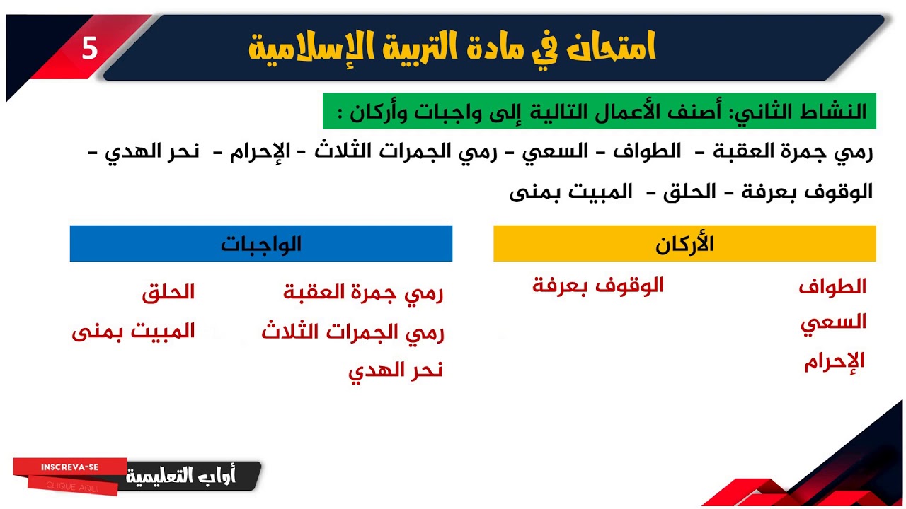 حل امتحان الفصل الأول في مادة التربية الاسلامية/ الخامسة ابتدائي 2019-2020