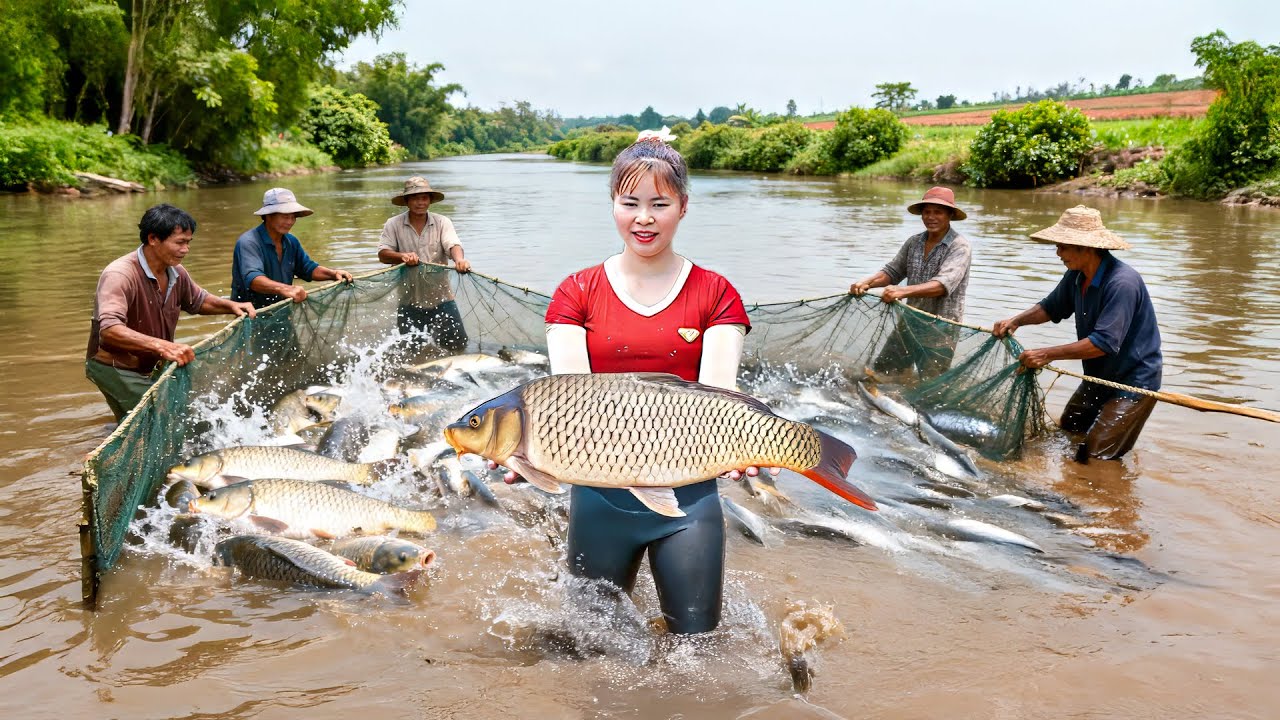 Catching 1000+ Fish with Nets and Transporting by Horse Cart to Market | Bushcraft farm