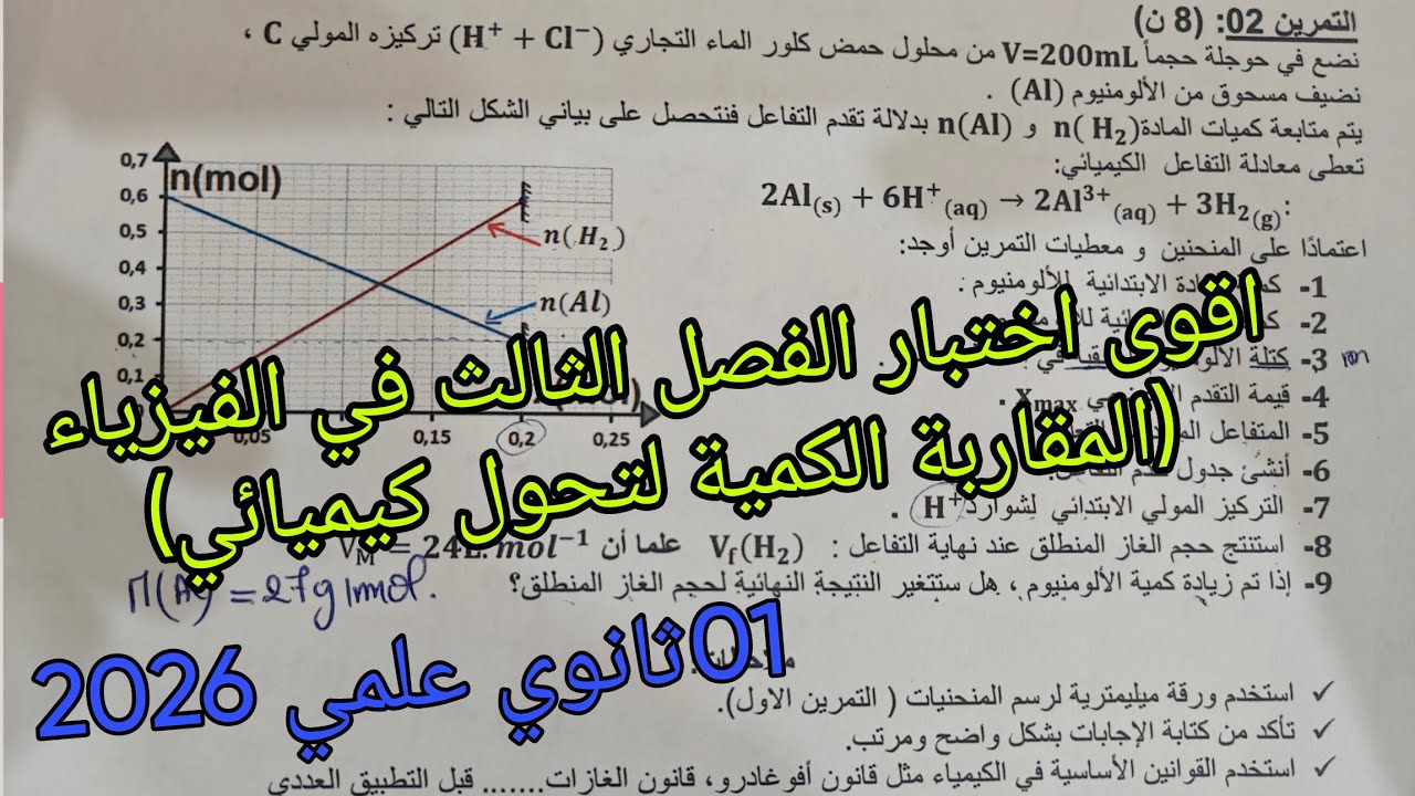 اقوى اختبار الفصل الثالث في الفيزياء حول المقاربة الكمية لتحول كيميائي للسنة الاولى ثانوي علمي 