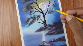 Moonlight Night Scenery Drawing | Full Moon | Oil Pastel Drawing for Beginners | #art | #painting