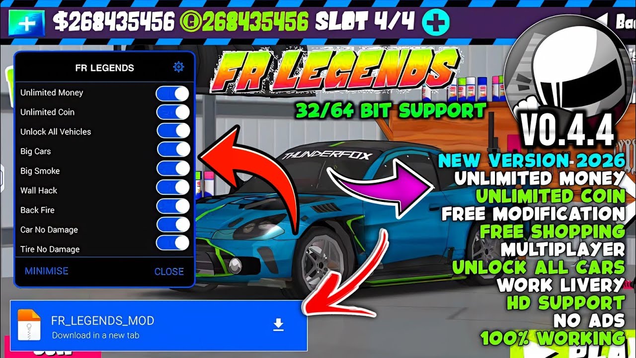 FR Legends Mod Menu v0.4.4 Mod Apk 2026 Unlimited Money Coins |Unlock All Cars, Modification & Maps🤯