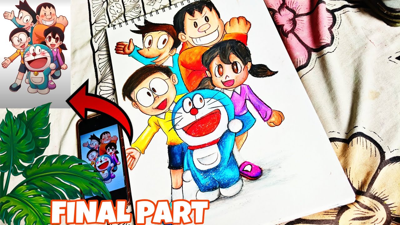 Doremon And His Friends Drawing, Oil Pastel Drawing, Step By Step | Final Part 😍