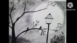 How to Draw Scenery of Moonlight || Night by pencil sketch || Love Birds