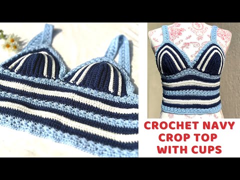 💙 Crochet Summer Star stitch Crop Top with Cups 💙 Navy style