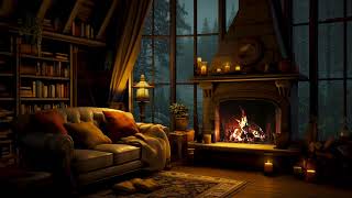 Cozy Reading Ambience with Smooth Jazz: Rain with Mist, Fireplace Sounds for Sleeping 💤
