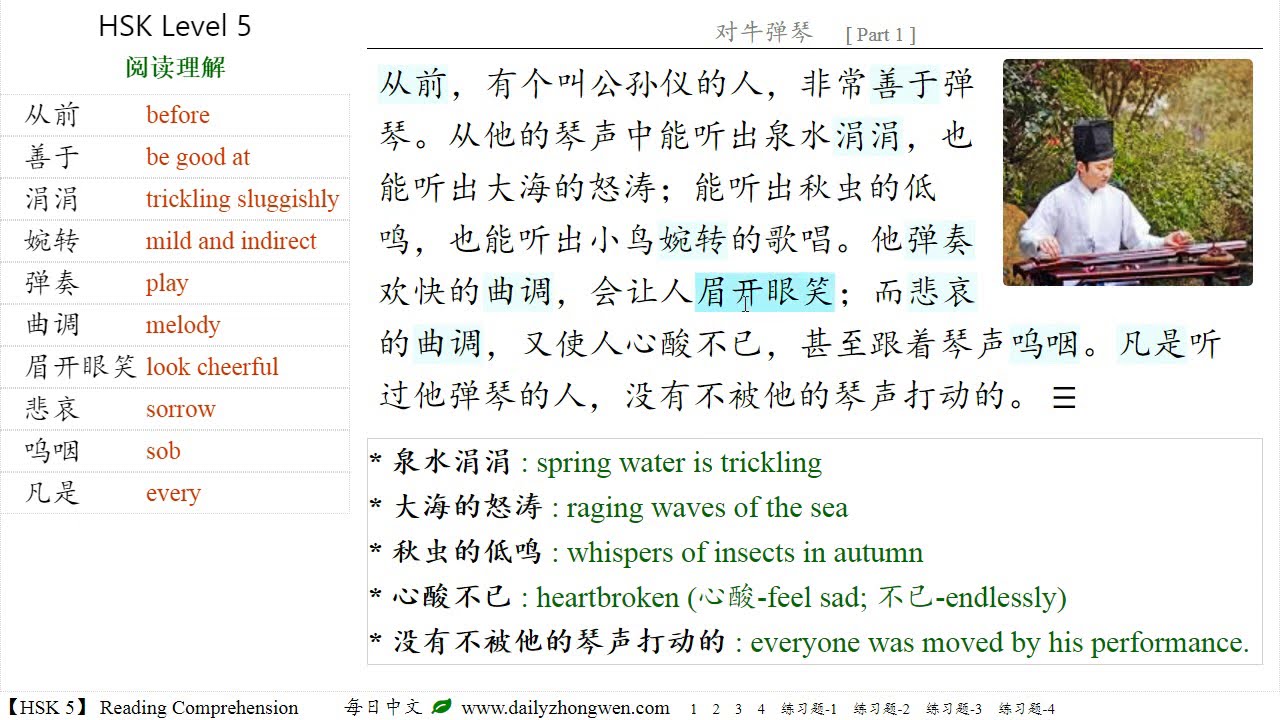 每日中文Daily Zhongwen: 【HSK 5】 Reading Comprehensions: No.8 对牛弹琴