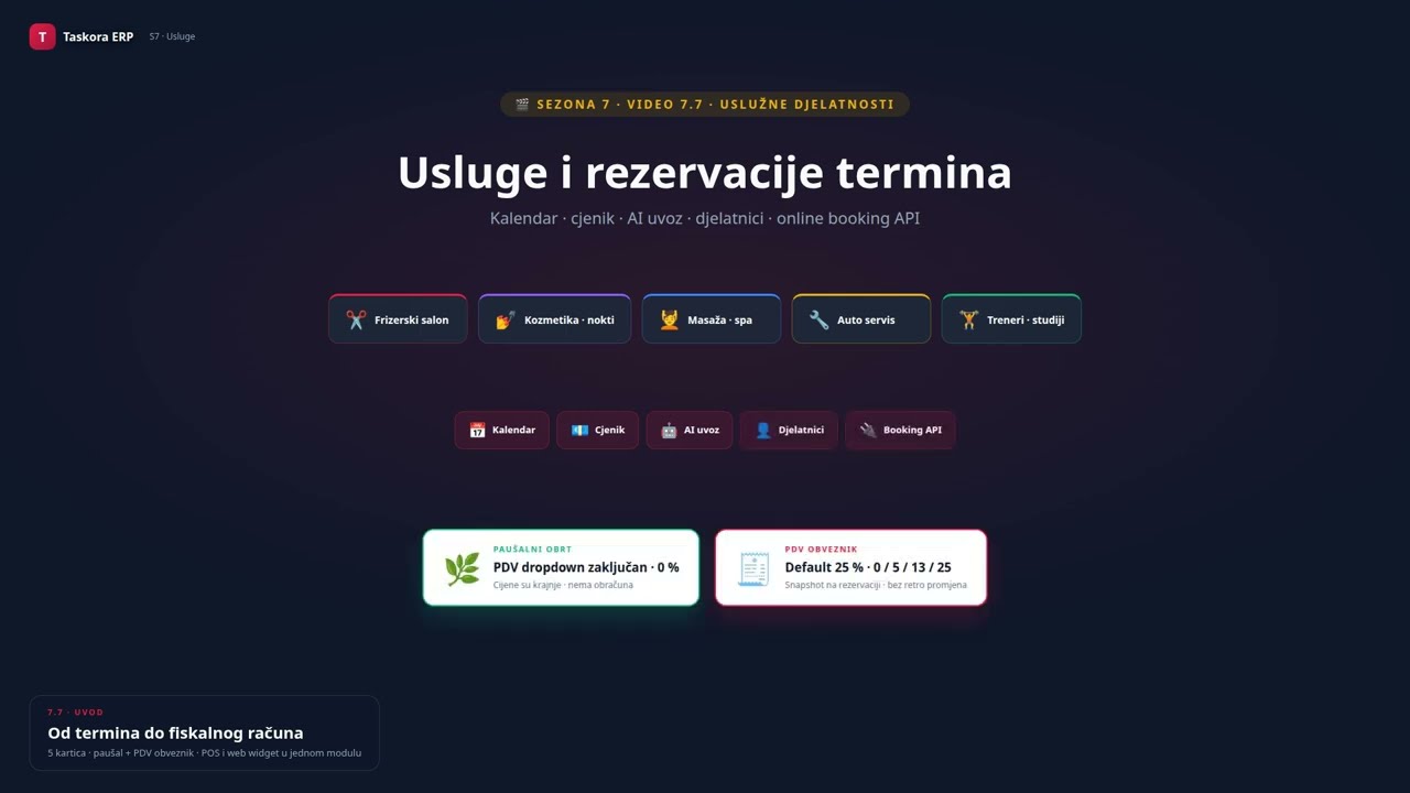 Video 7 7 — Usluge i rezervacije termina: kalendar, online booking, PDV | Taskora ERP