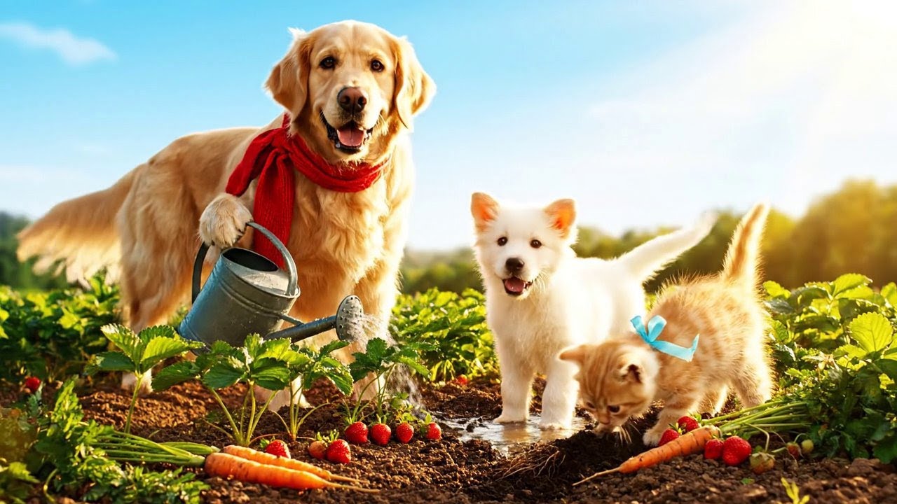 Puppy and Kitten Help Father Dog Grow a Vegetable