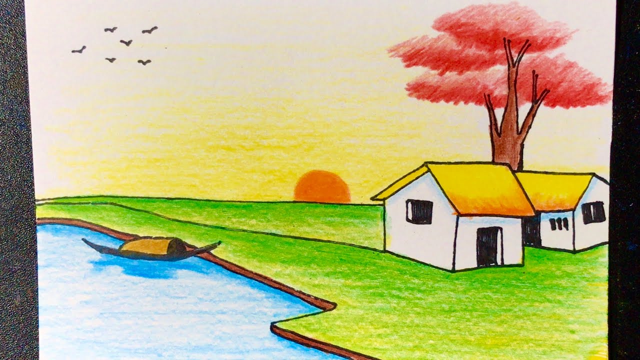 Hướng dẫn vẽ tranh đề tài phong cảnh đơn giản mà đẹp | how to draw simple  scenery with crayon - YouTube