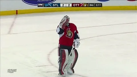 Robin Lehner's throat guard shattered on shot