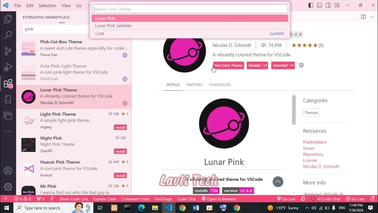 How to change Color Theme in Visual Studio Code to Pink - YouTube