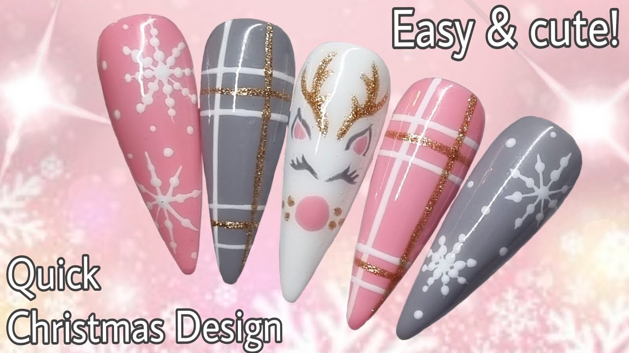 ❄ Easy Cute Christmas | Tartan Reindeer Snowflake | Gel Polish Nail Art Design | Pink Grey