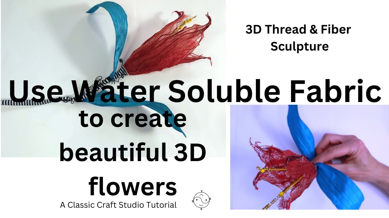 Water soluble fabric flowers, 3D fiber sculpture technique, thread sculpture. Free-form embroidery.