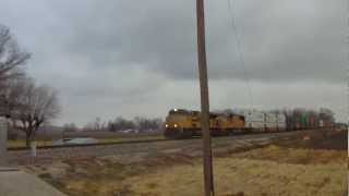 UP ACe 8346 Leads Stacktrain w/ help headed west thru Norbourne,Mo