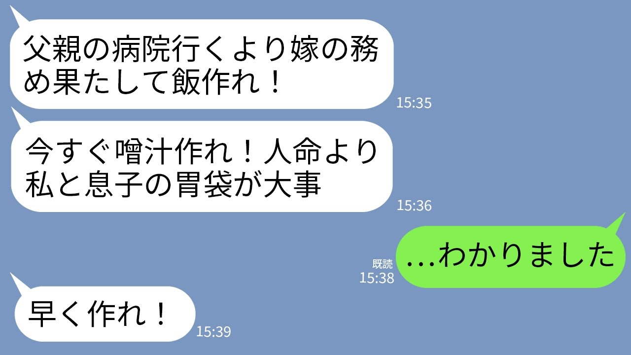【LINE】父が倒れて病院へ向かう私に義母「味噌汁作ってから行け！人命より出汁が優先！」夫「お前の父より俺の胃袋w」→味噌汁に離婚届入れて旅立った結果www