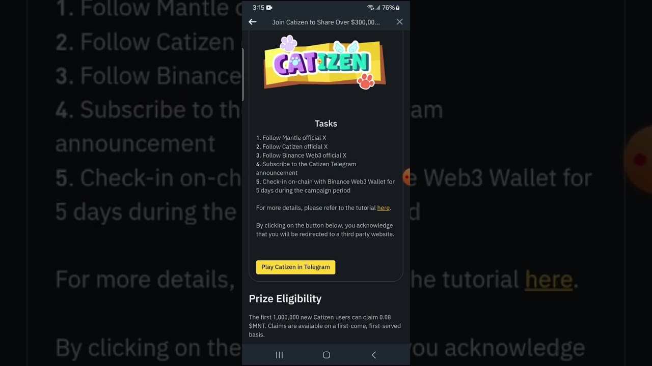Binance Web3 Wallet new project, Join Catizen to Share Over $300,000 Reward Pool on Mantle ($MNT)