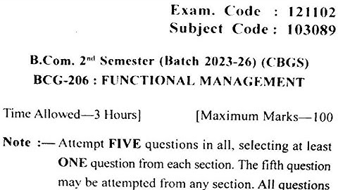 BCom 2nd Semester Functional Management Question Paper | Bcom 2nd Semester Question Paper 2024