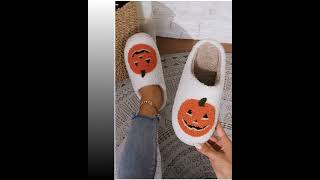 White Halloween Pumpkin Print Plush Slippers (Runs Small, Size Up)