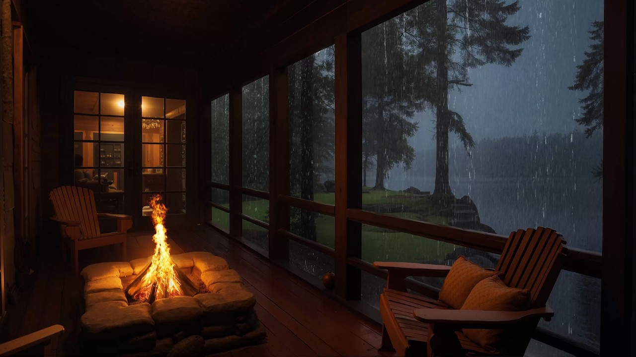 Cozy Cabin Balcony During a Rainy Night | Soothing Lake View Ambience for Deep Rest