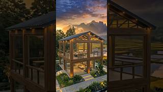 Misty Rice Fields Glass Pavilion Retreat🏠#shorts