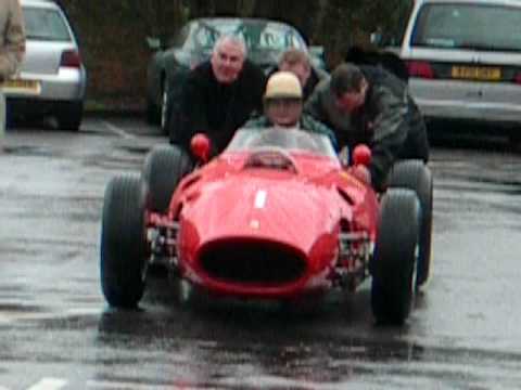 We finally manage to start the Ferrari in preparation for the Mike Hawthorn Memorial Parade. The Driver is Guy Loveridge, pushers are Rod Roadnight, Clive Bergman, and Dick from (Hall and Hall)