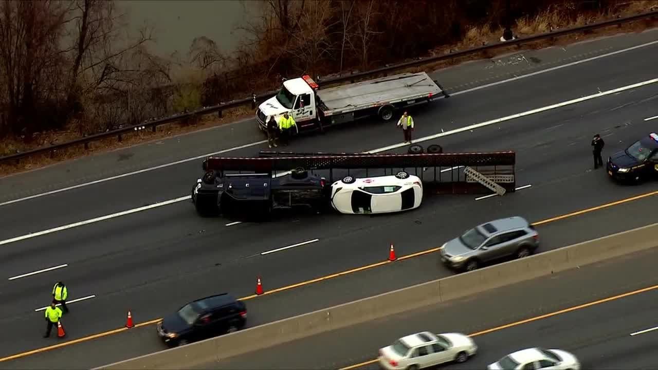 road closed barricade Car carrier overturns on Route 50 in Annapolis