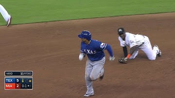 TEX@MIA: Martin steals second, reaches third on error
