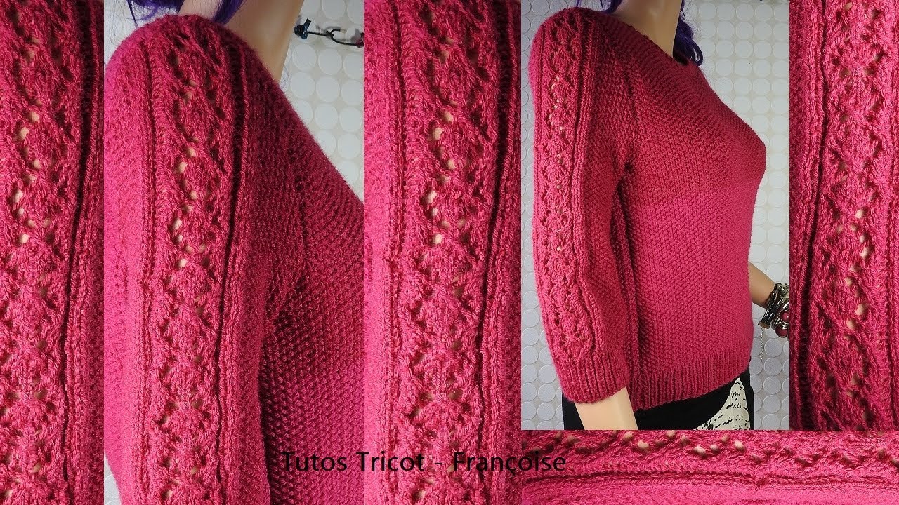 Tuto tricot pull femme manches 3/4 point de riz & point ajouré en taille  34-36 (38-40/42/44) - YouTube