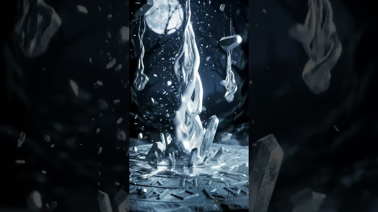 A hyper-realistic cinematic close-up of a glowing silver liquid drop — the blood of a lunar witch