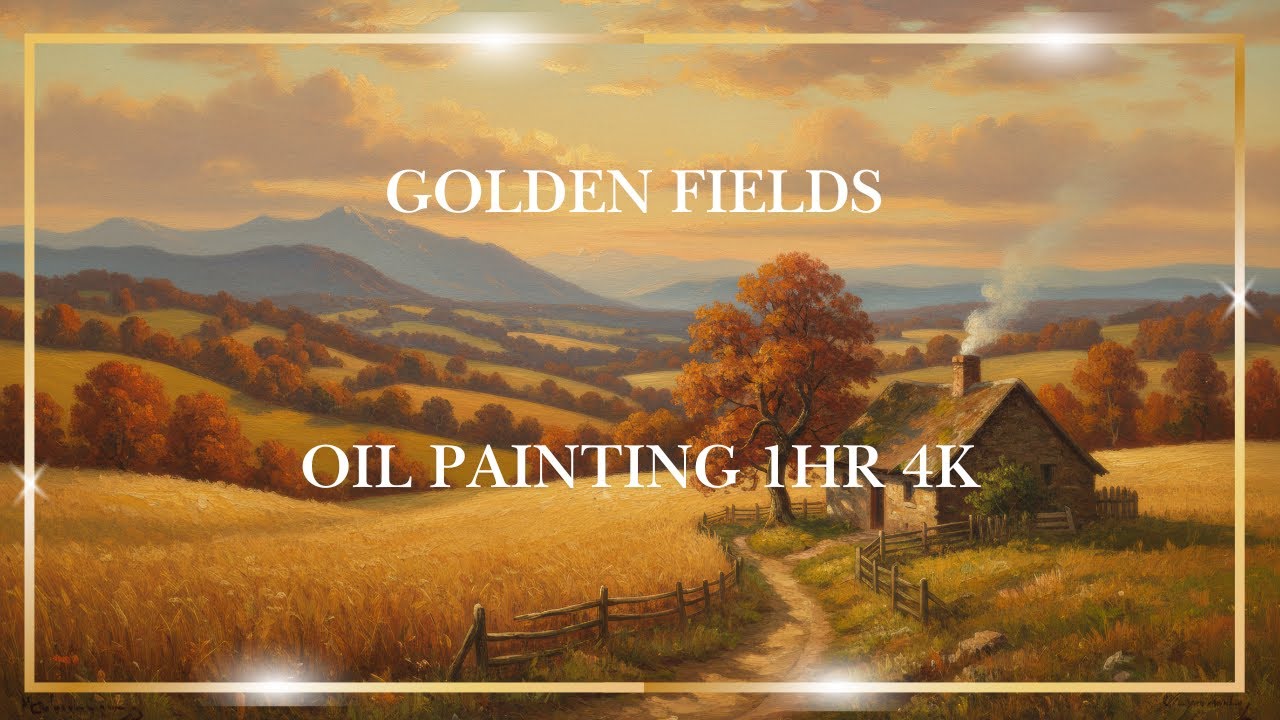 Panoramic Autumn Countryside Oil Painting 4K (1HR) – Cozy Cottage & Golden Fields | Relaxing TV Art