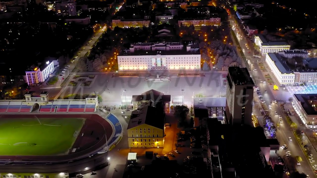 Stavropol, Russia. Lenin Square. Dynamo Stadium, Duma of the Stavropol Territory. Night time, Aerial