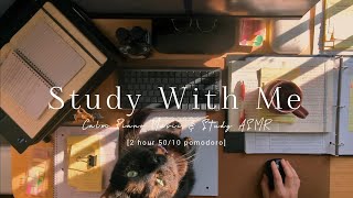 2 HOUR STUDY WITH ME 📑😸 calm piano music 🎹 study ASMR ambience | background noise | pomodoro 50/10