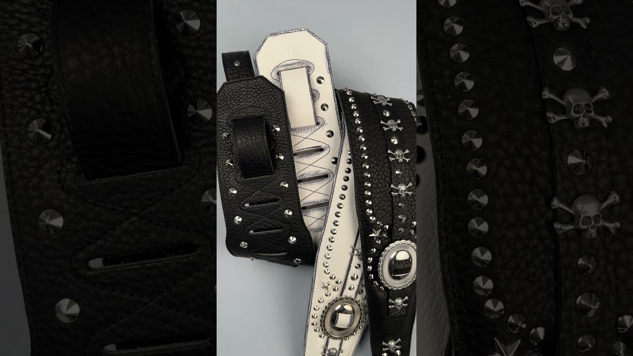 Leather Guitar Strap – Conchos and Skulls – Handmade in Italy – Handmade in Italy