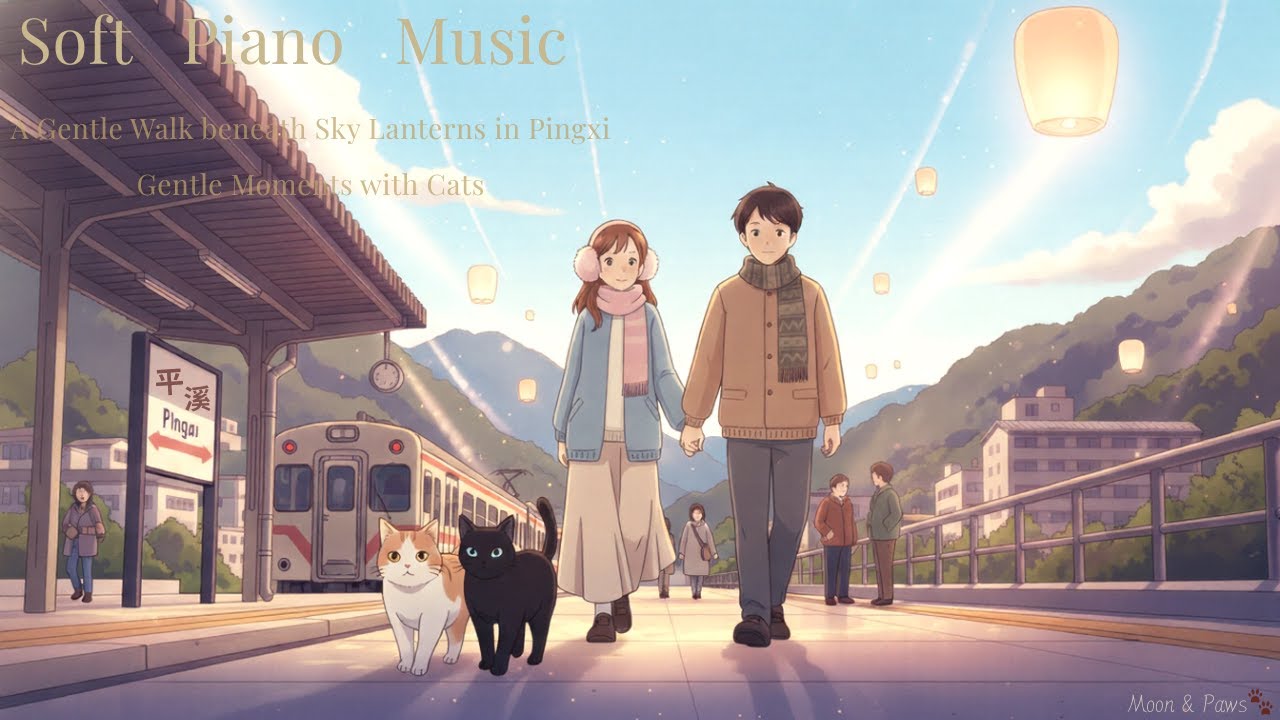 Moon & Paws 🐾 | Soft Piano for Relax & Study | Peaceful Walk at Pingxi Old Street, Taiwan | 平溪老街🐱💞