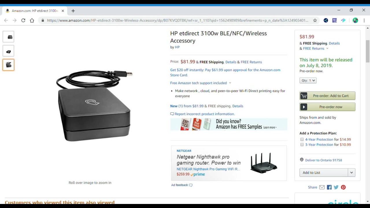 Coming 7/8/19: HP etdirect 3100w BLE/NFC/Wireless Accessory