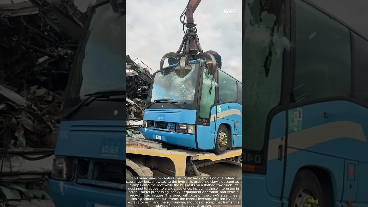 Hydraulic Claw Demolition: Crushing a Blue Bus with Unmatched Force