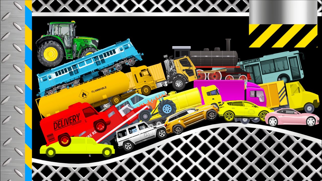 Car & Truck & Bus, Train, Steam Locomotive AND Tractor Race - Colored Stickman Ragdoll Battle
